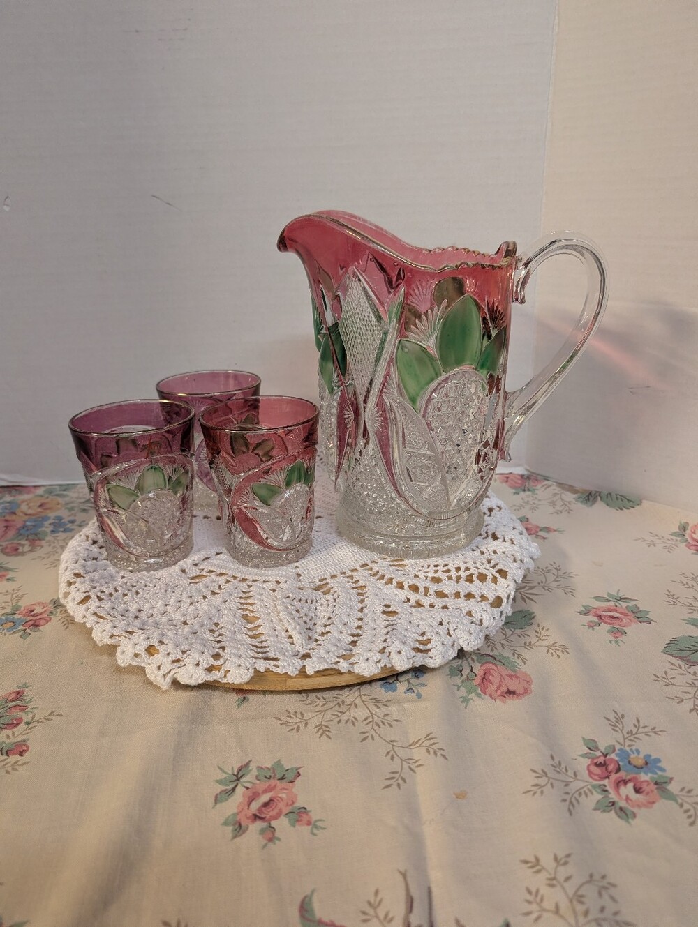 EAPG U.S. Glass Buckingham Crosby Red Flashing Green Painted Pitcher Glass Lot.